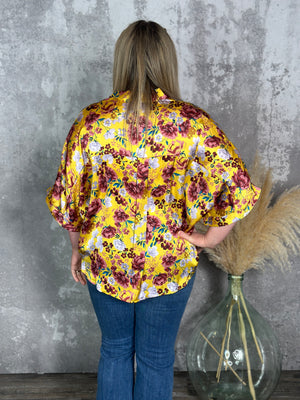 Mustard Burgundy Floral 3/4 Length Top - FINAL SALE