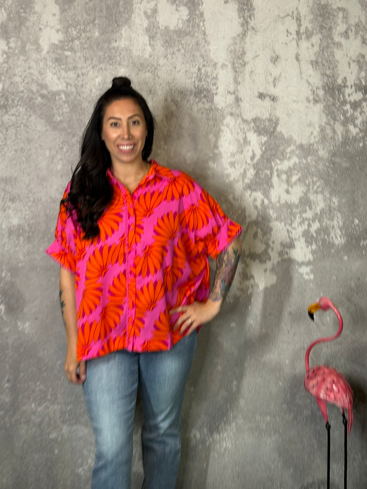 Bright Pink and Orange Short Sleeve Blouse (Small - 2X)