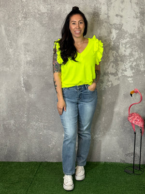 Highlighter Yellow Textured Ruffle Tank