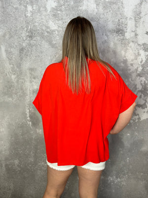 Short Sleeve Button Up 3/4 Sleeve Blouse - Orange/Red (Small - 3X)