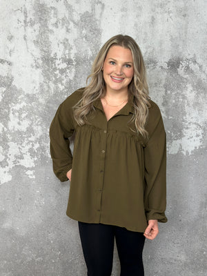 Olive Ruffle Front Button Up Blouse (Small - 3X)
