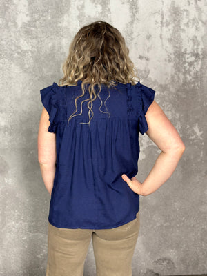 Navy smocked Vneck Ruffle Detail Top