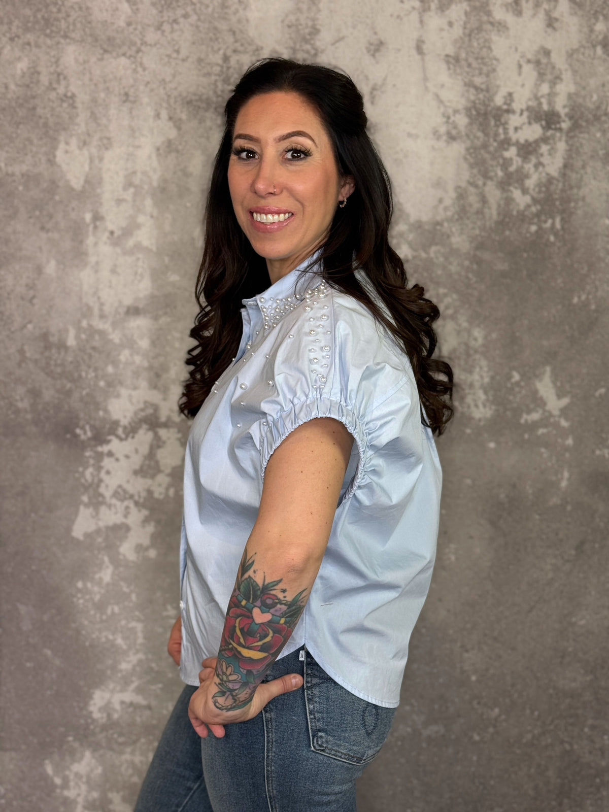 Light Blue Pearl Collared Top (Small - 3X)