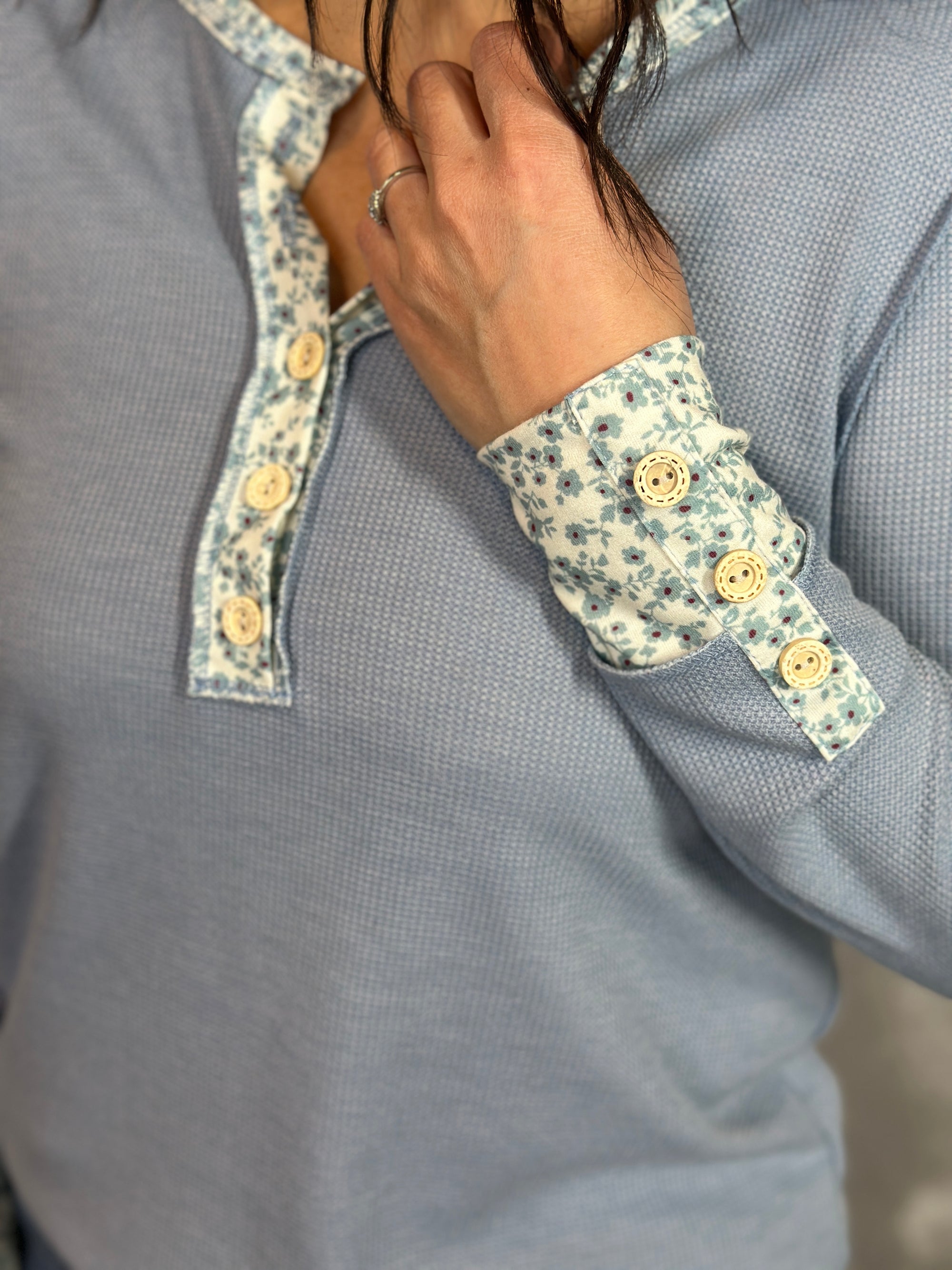 Blue Thermal Button Floral Detail Long Sleeve
