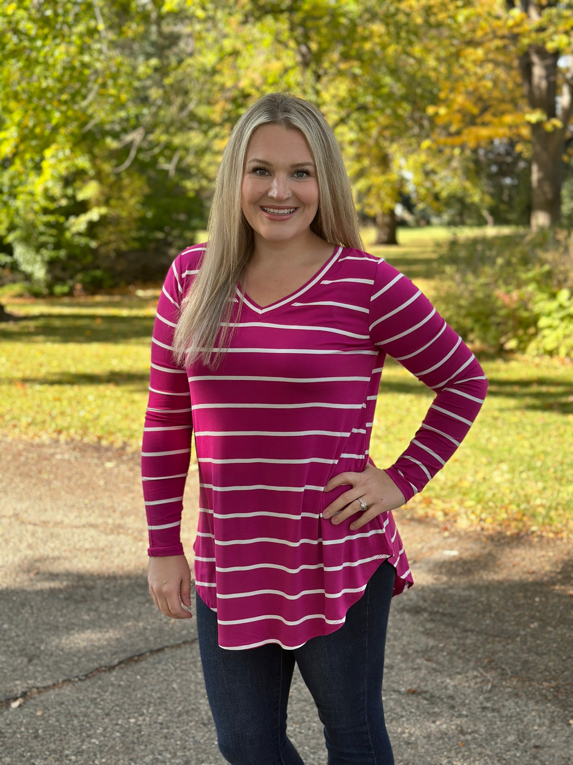 Basic Round Vneck Stripe Long Sleeve - Magenta/White  (Small - 3X)