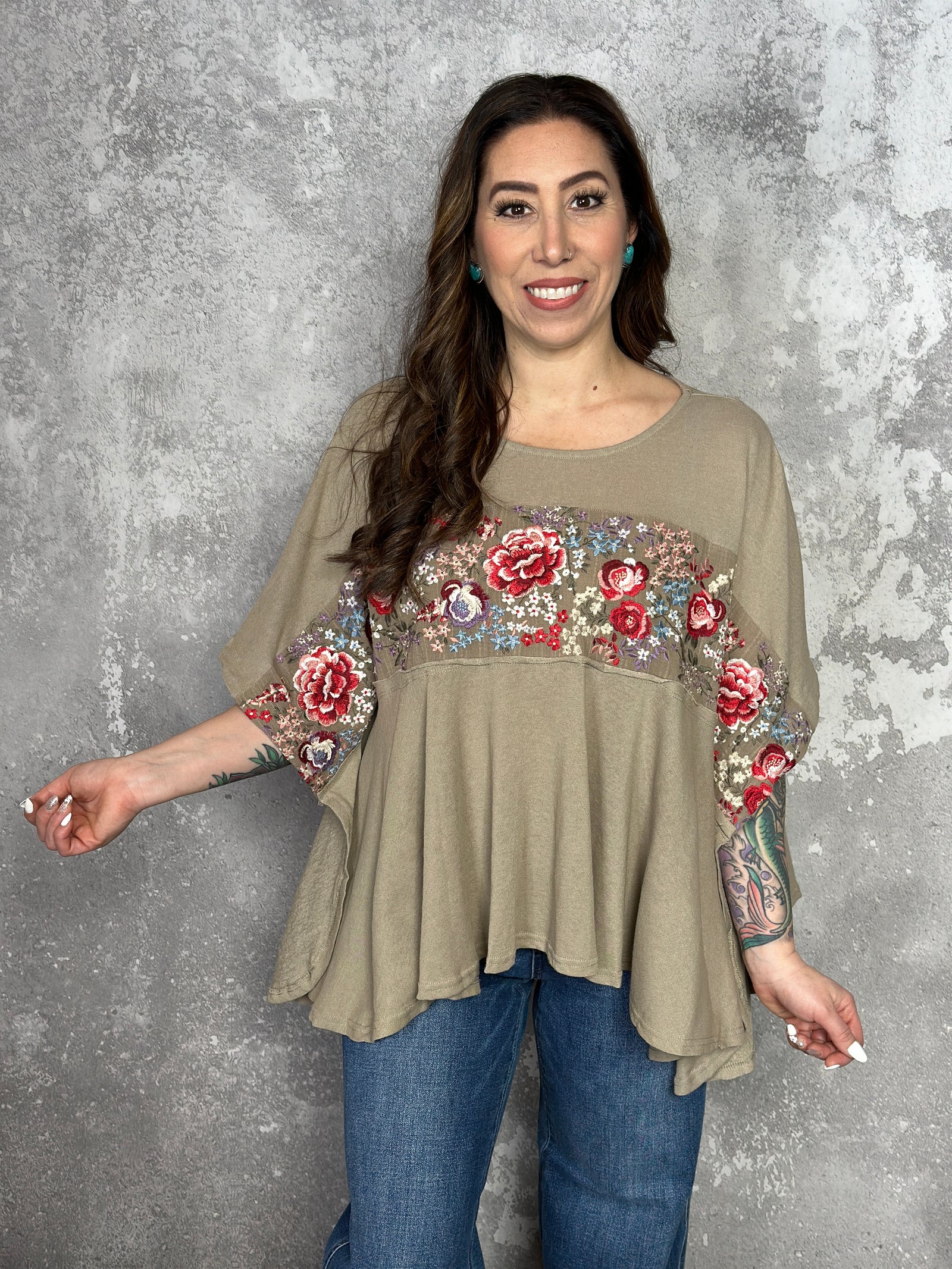 Tan Poncho Style Top with Floral Embroidery