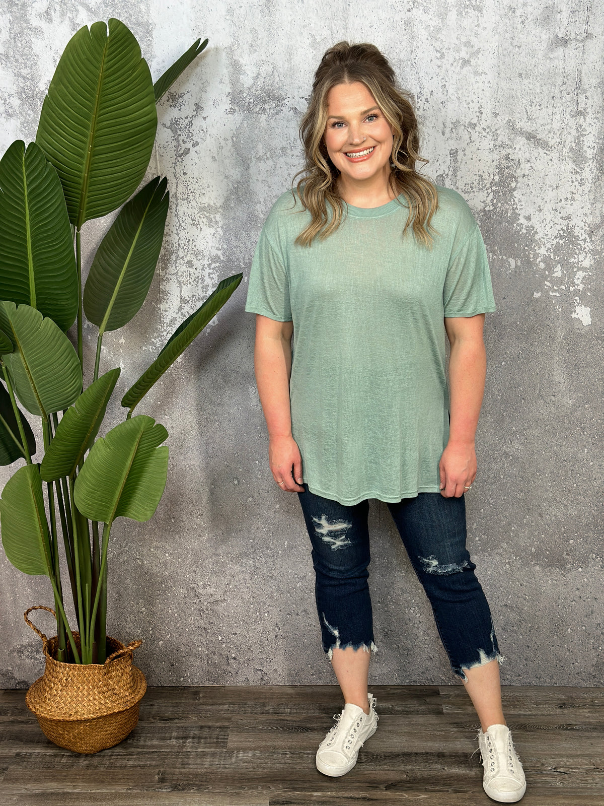 Basic Slub Jersey Tee with Rolled Sleeves - Sage - FINAL SALE
