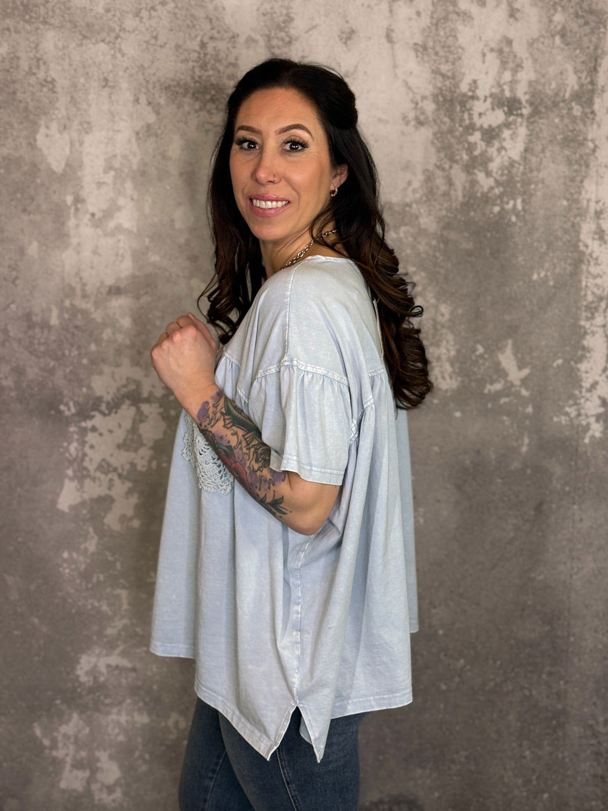 Cloud Blue Relaxed Tee with Crochet Pocket