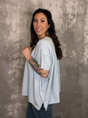 Cloud Blue Relaxed Tee with Crochet Pocket