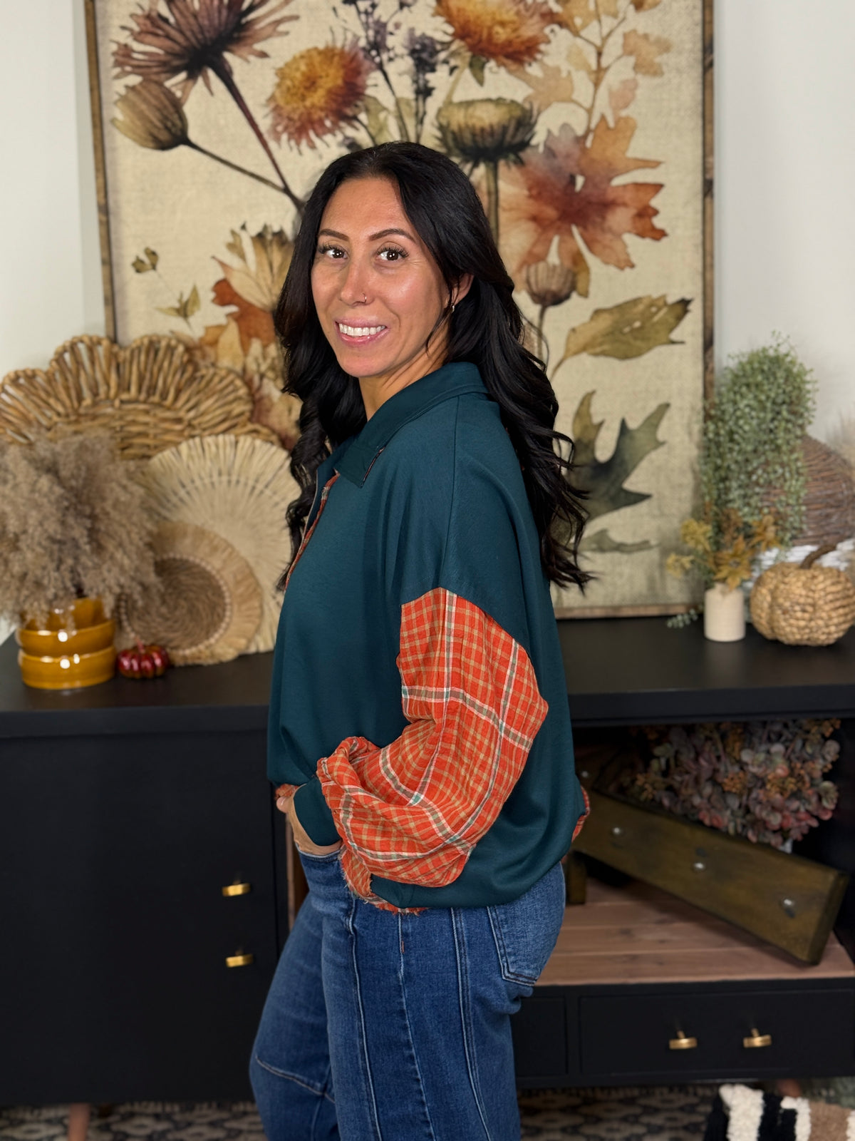 Green with Orange Plaid Top
