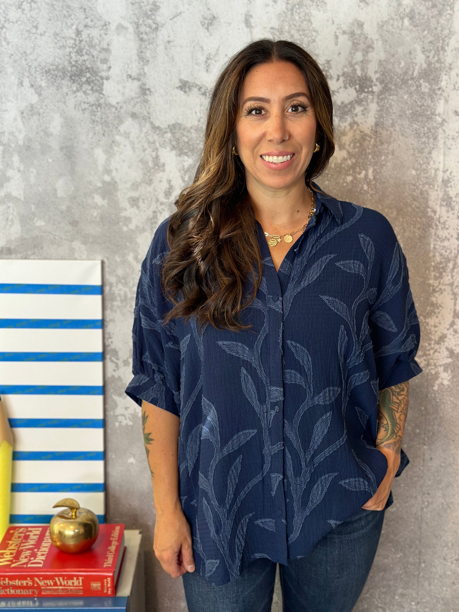 Navy Textured Dolman Button Up Blouse (Small - 2X)