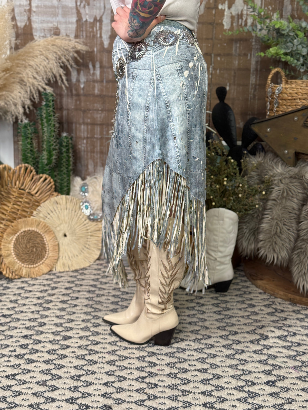 Denim Fringe Faux Suede Skirt (Small - 2X)