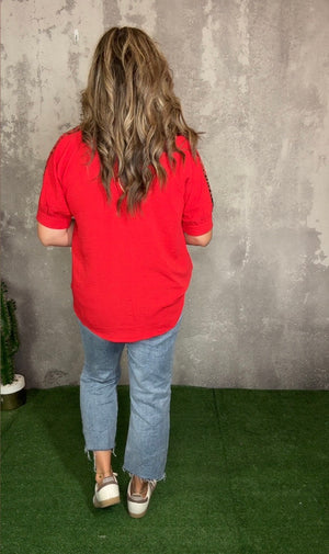 Short Sleeve Airflow Top with Leopard Detail - Red