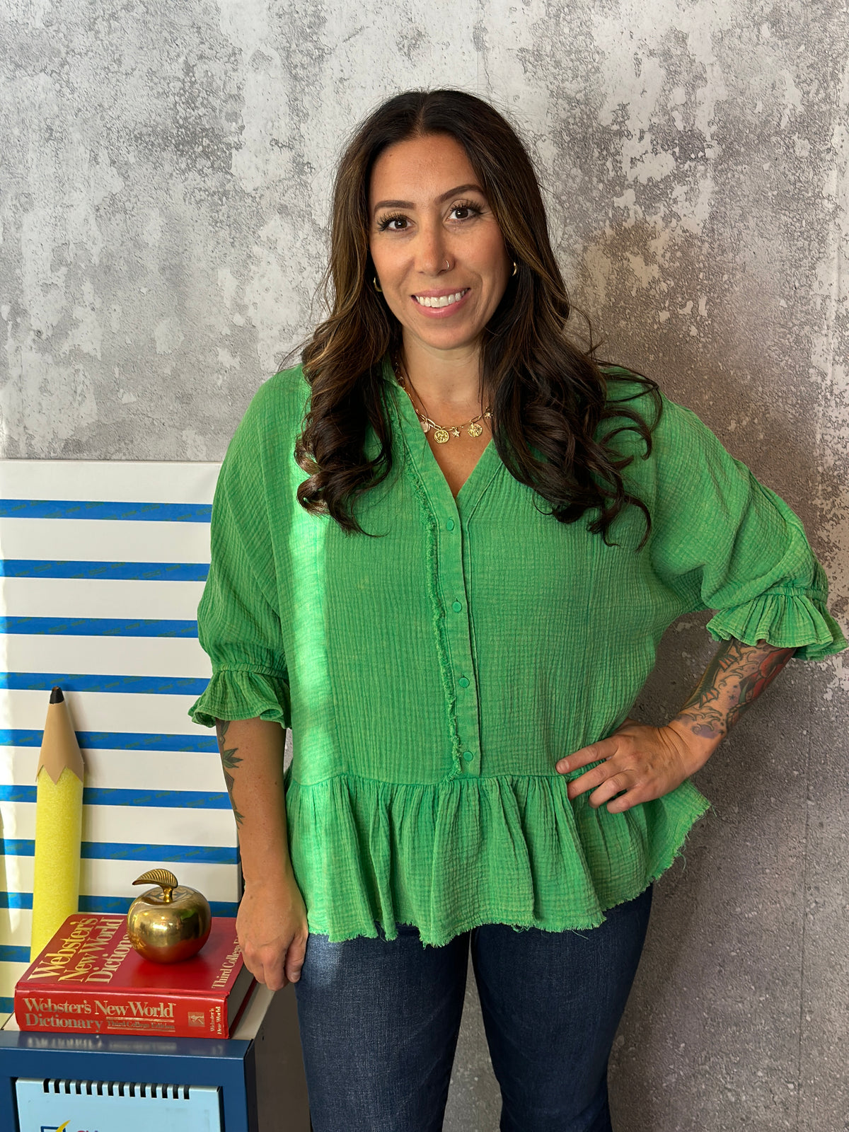 Green Gauze Peplum Top