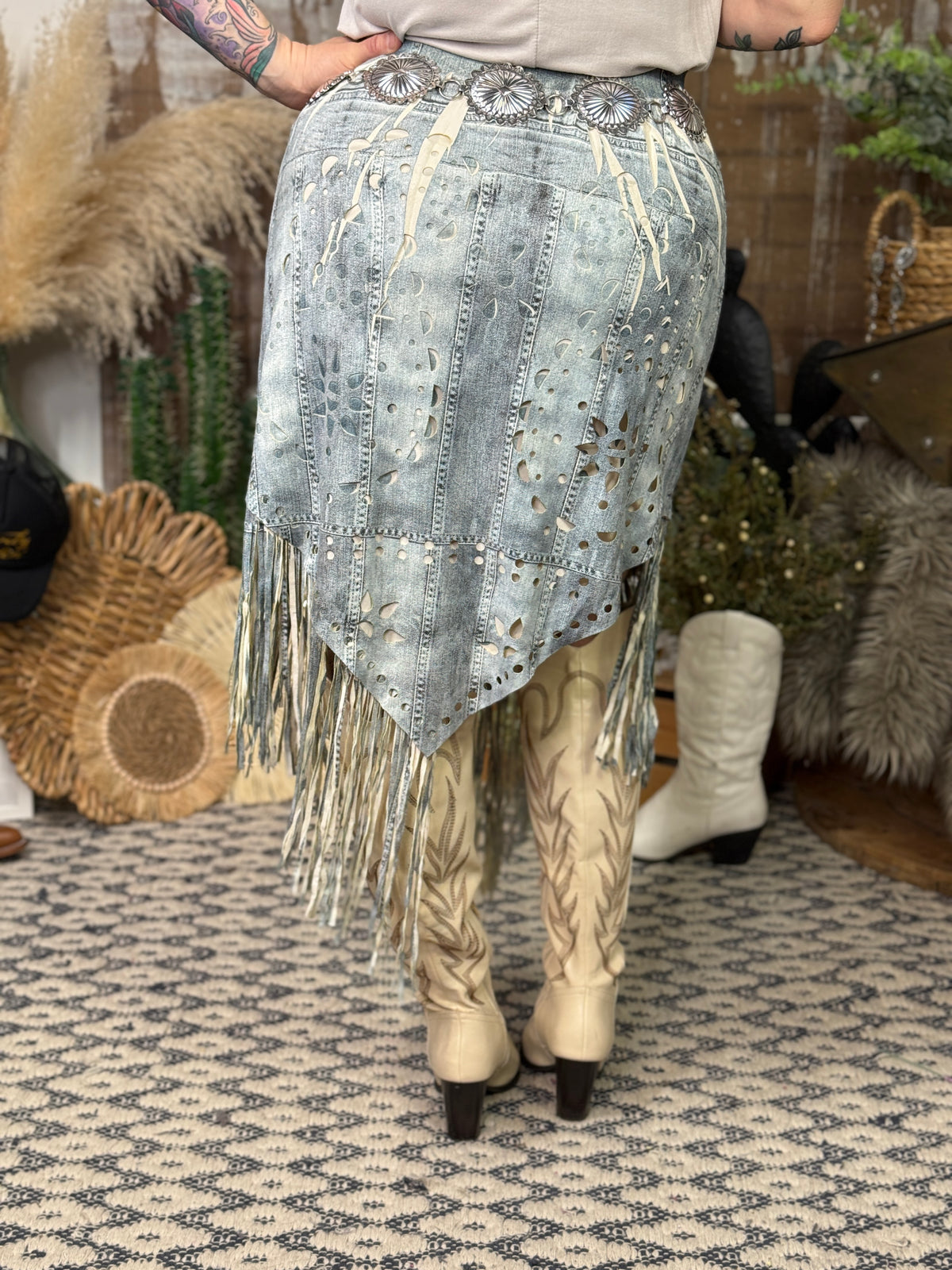Denim Fringe Faux Suede Skirt (Small - 2X)