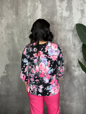 The Wrinkle Free Lizzie Top - Black with Neon Florals (Small - 3X)  RESTOCK