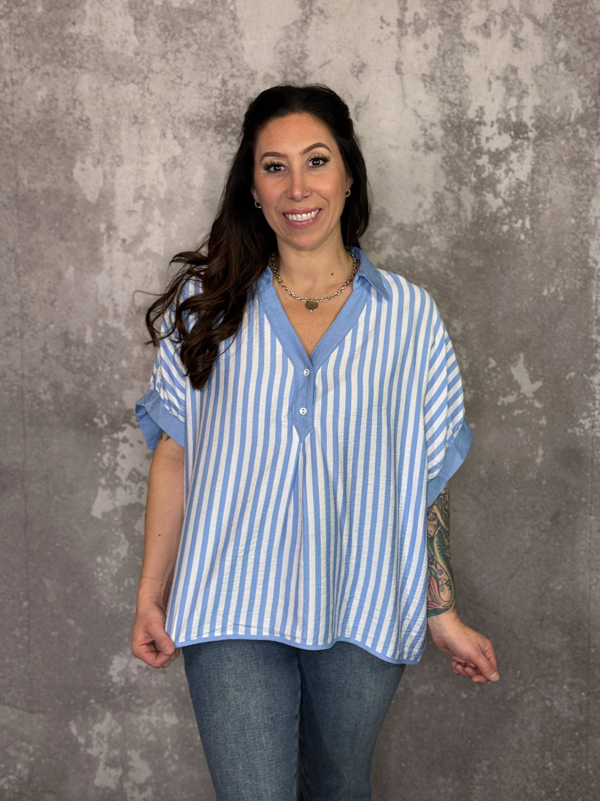 Baby Blue Stripe Collared Top (Small - 2X)