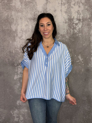 Baby Blue Stripe Collared Top (Small - 2X)