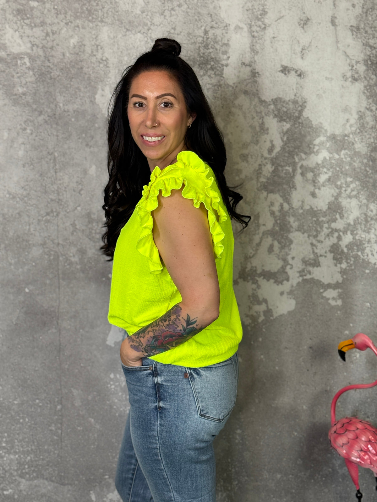 Highlighter Yellow Textured Ruffle Tank