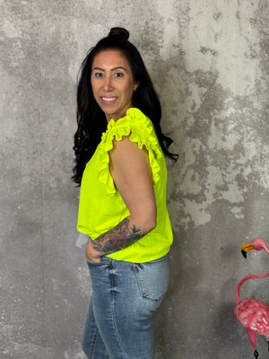 Highlighter Yellow Textured Ruffle Tank