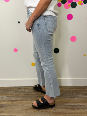 Judy Blue Medium Rise Raw Hem Kick Flare Crop Jean (sizes 0/24-24W)