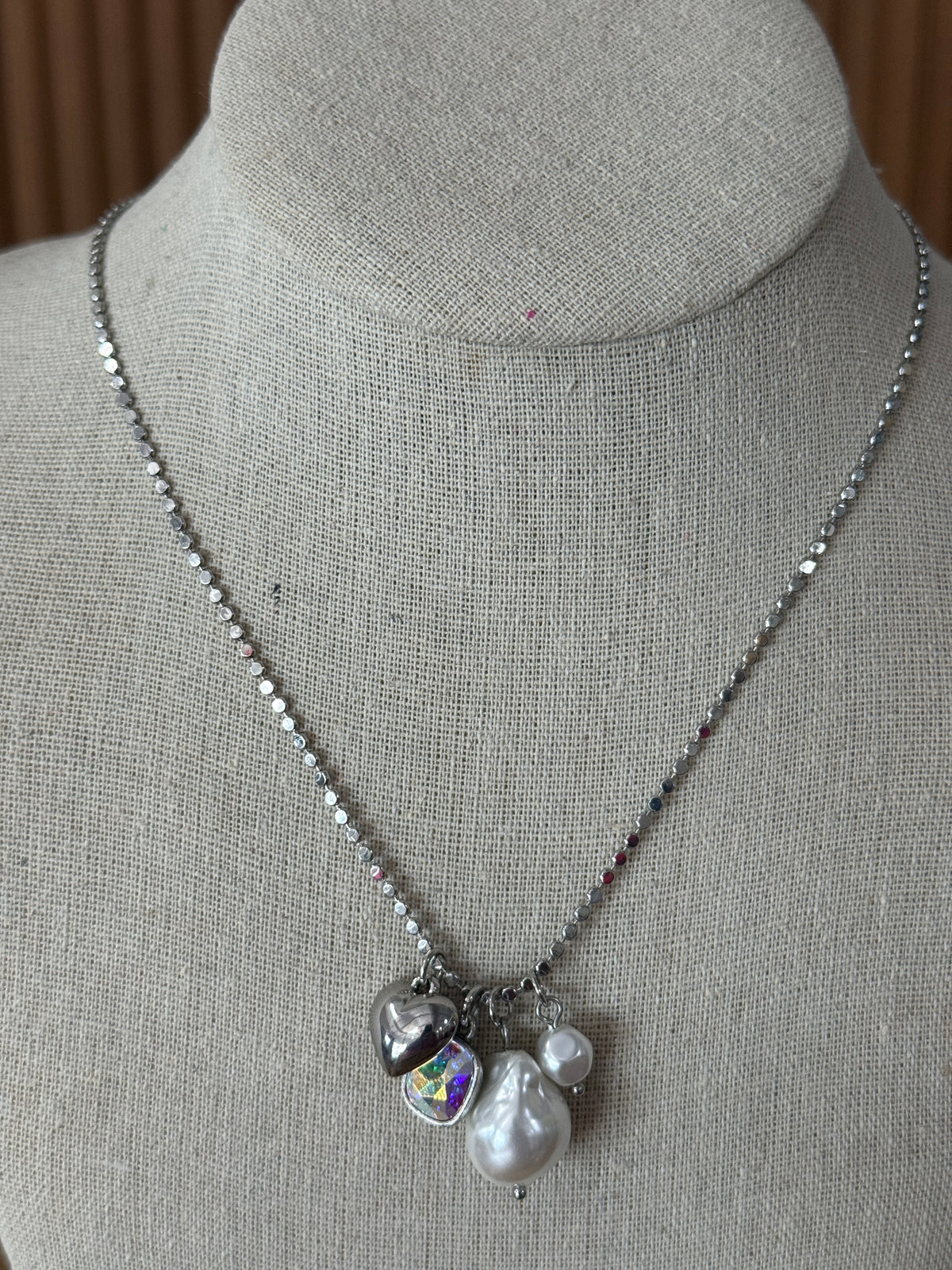 Pearl/Heart/Austrian Crystal Charm Necklace