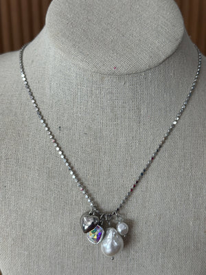 Pearl/Heart/Austrian Crystal Charm Necklace