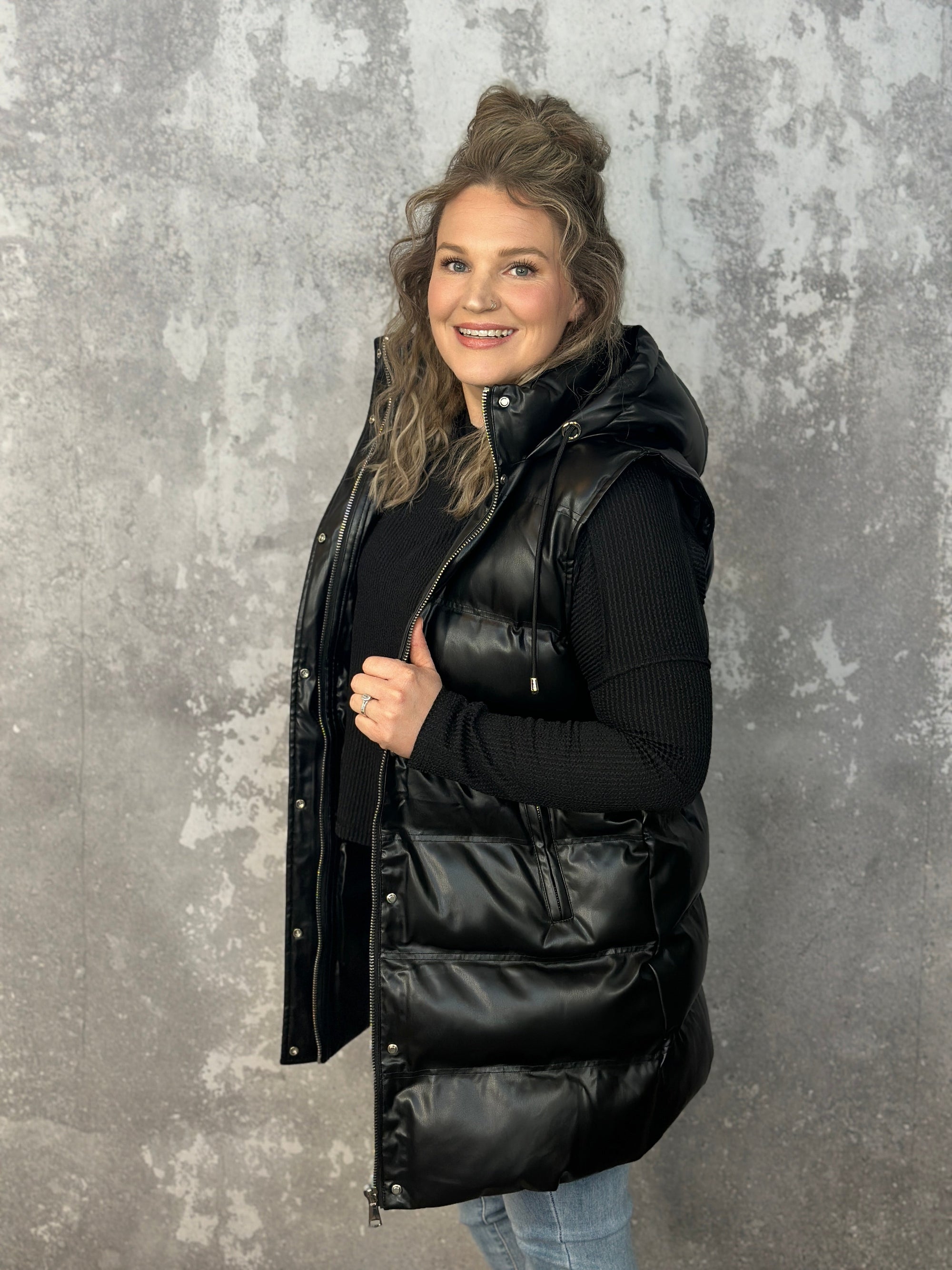 Faux Leather Long Puffer Vest with Hood