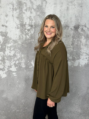 Olive Ruffle Front Button Up Blouse (Small - 3X)