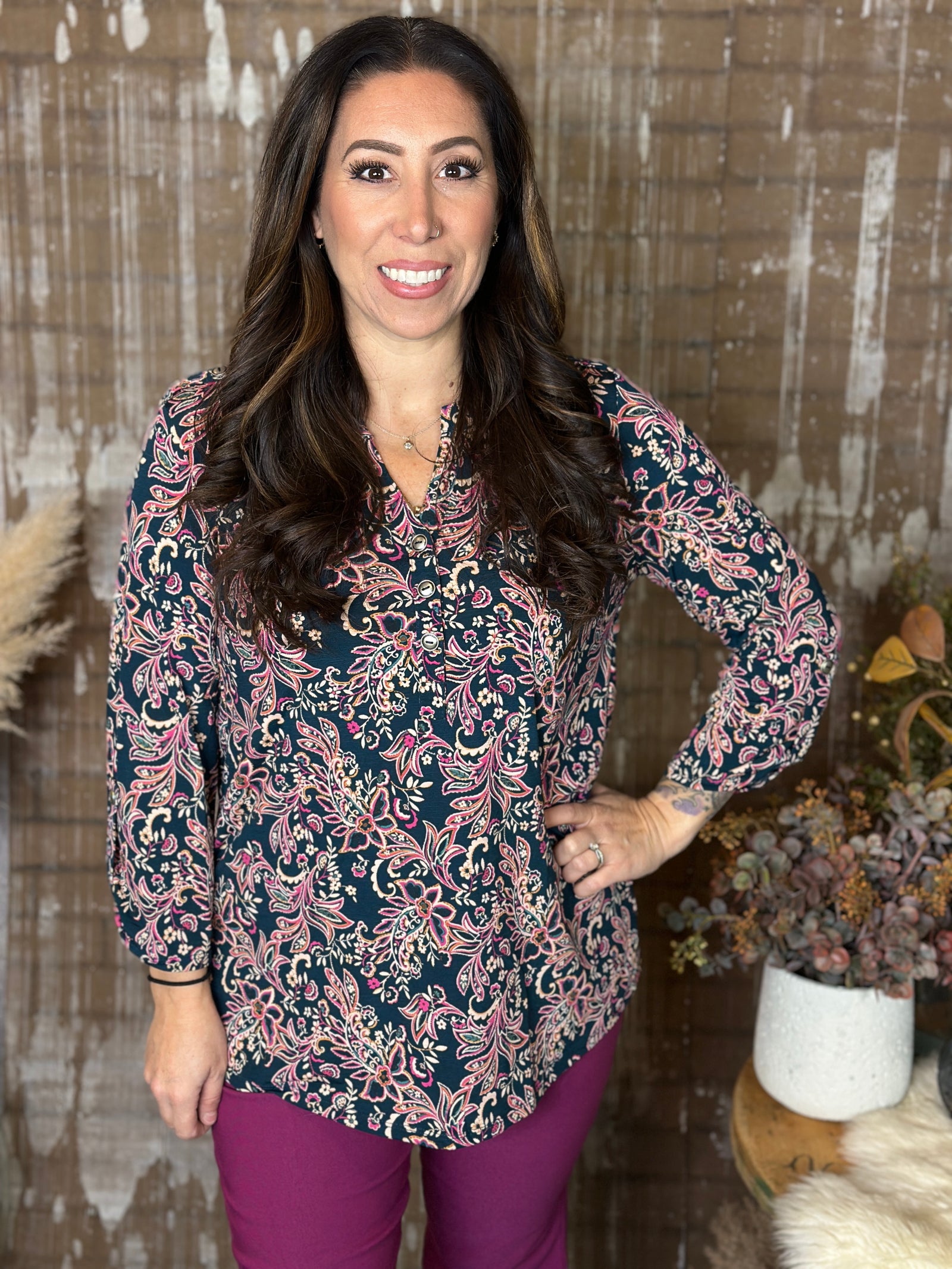 The Lux 3/4 Sleeve Lizzie Top - Dark Teal Floral