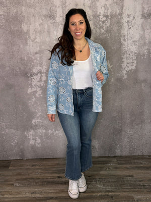 Denim Floral Lazer Cut Detail Jacket
