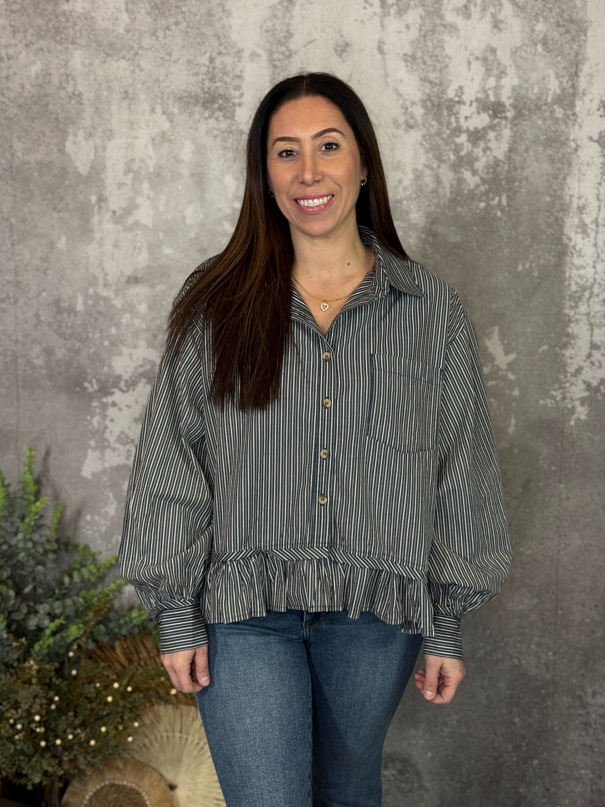 Navy Stripe Button Up Peplum Top