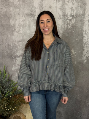 Navy Stripe Button Up Peplum Top