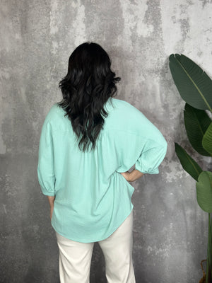 3/4 Sleeve Button Up Pocket AIrflow Top  - Sage