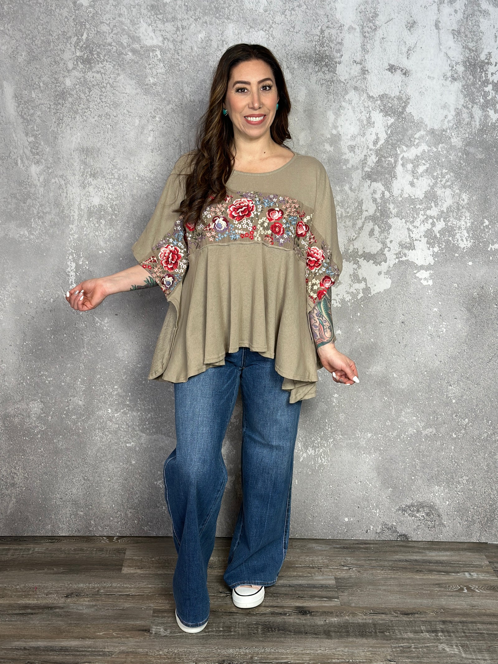 Tan Poncho Style Top with Floral Embroidery