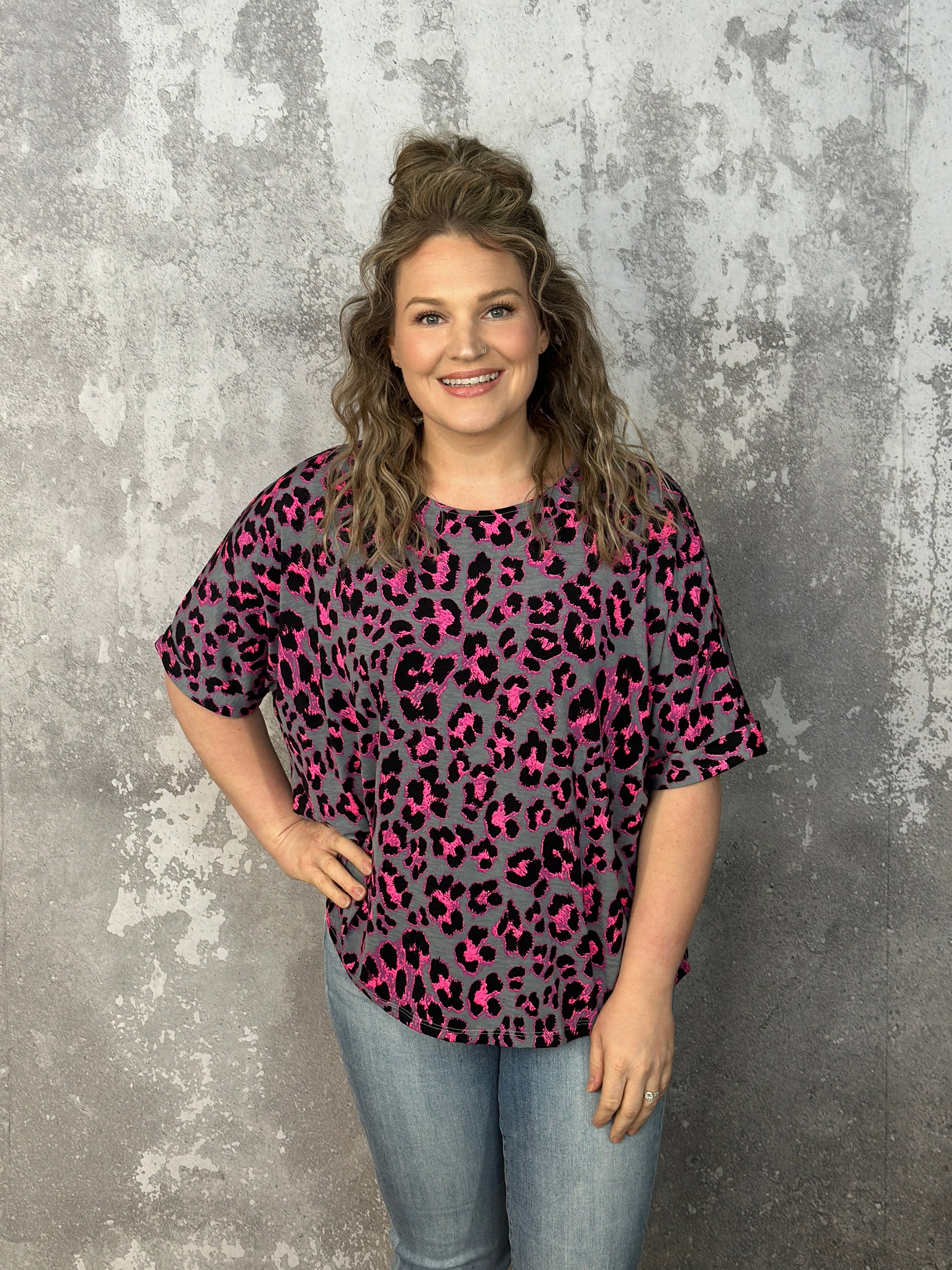 Neon Pink/Grey Leopard Short Sleeve Wrinkle Free Top (Small - 3X)