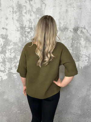 Short Sleeve Knit Olive Sweater  (Small - 3X)