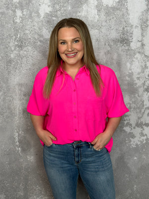 3/4 Sleeve Button Up Pocket AIrflow Top  - Neon Pink - BESTSELLER