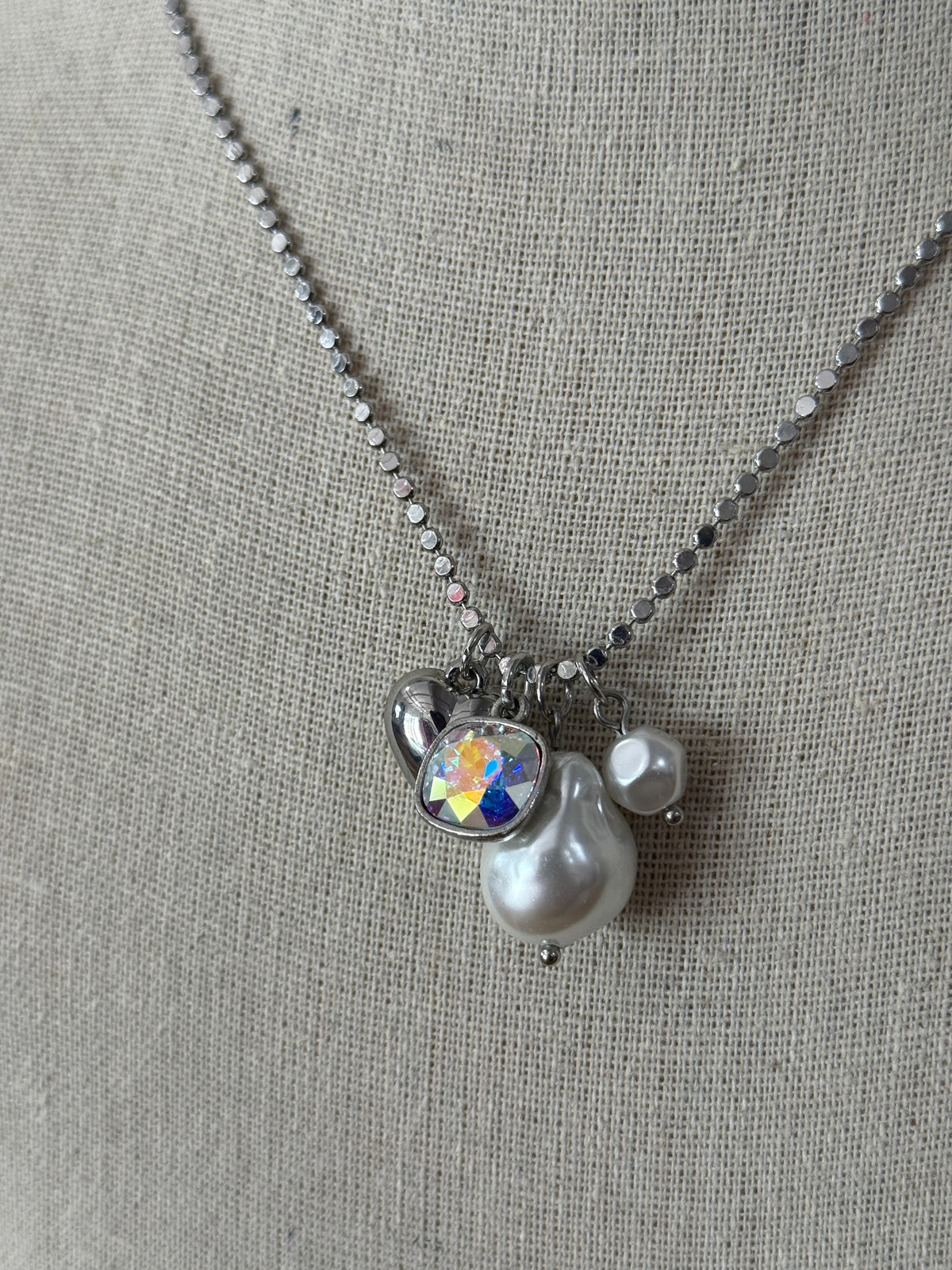 Pearl/Heart/Austrian Crystal Charm Necklace
