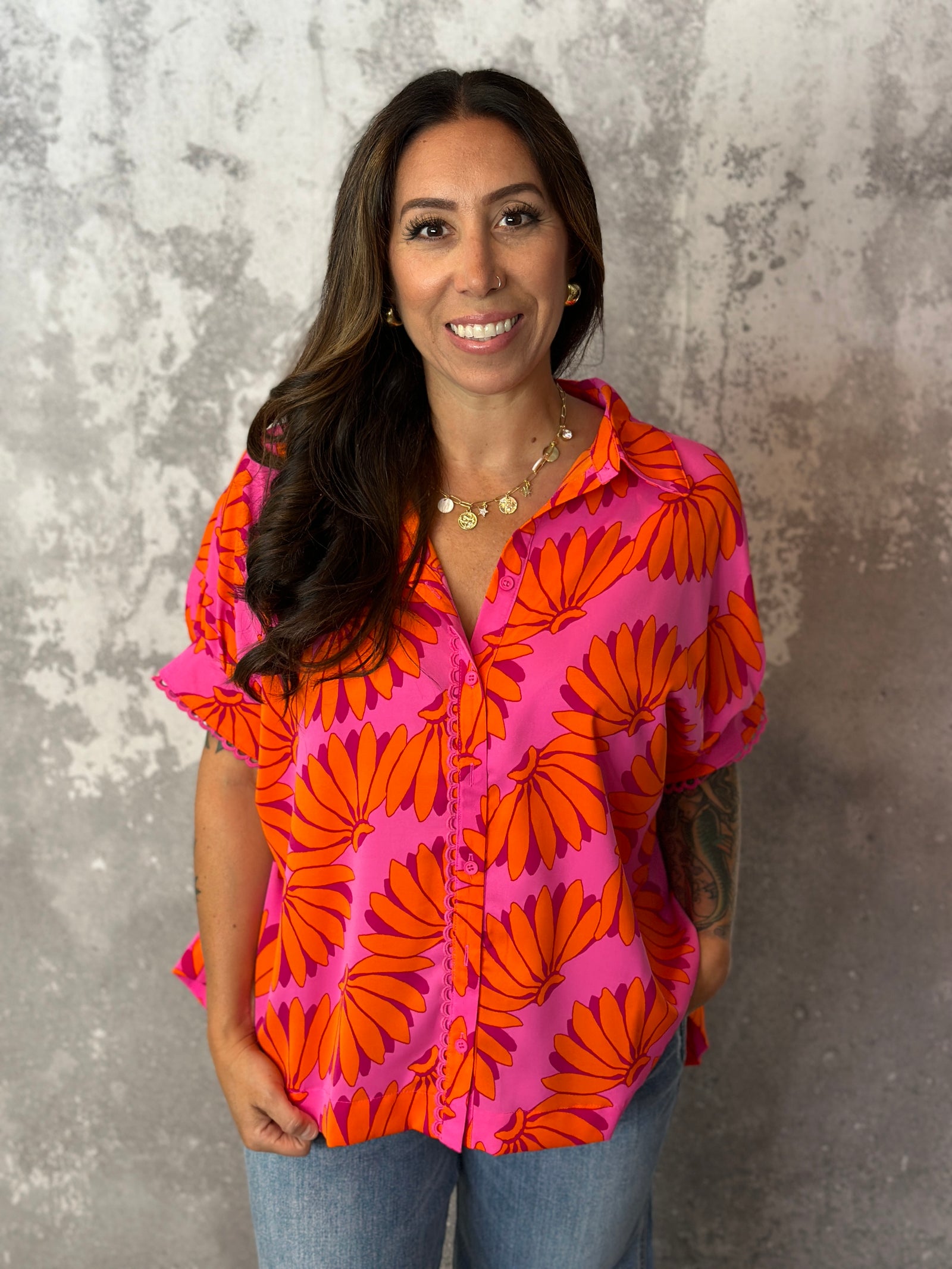 Bright Pink and Orange Short Sleeve Blouse (Small - 2X)