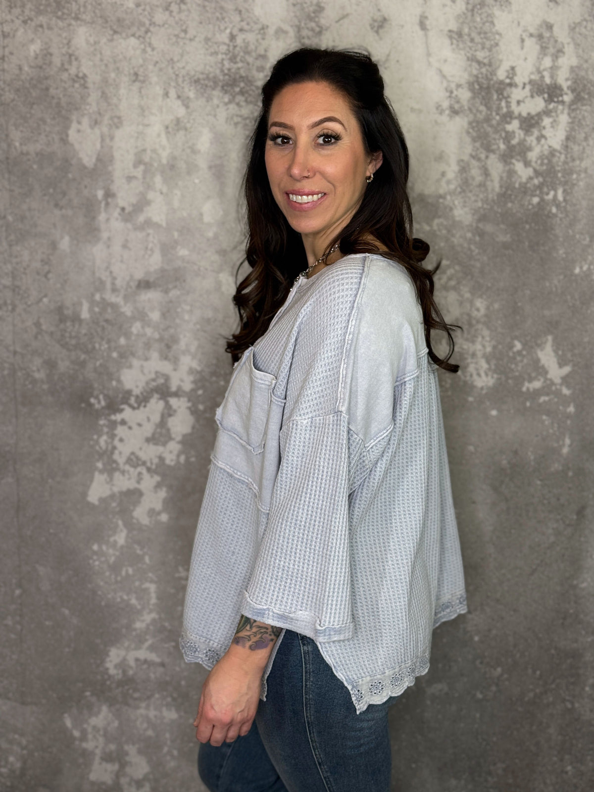 Faded Blue Waffle Top with Lace Bottom