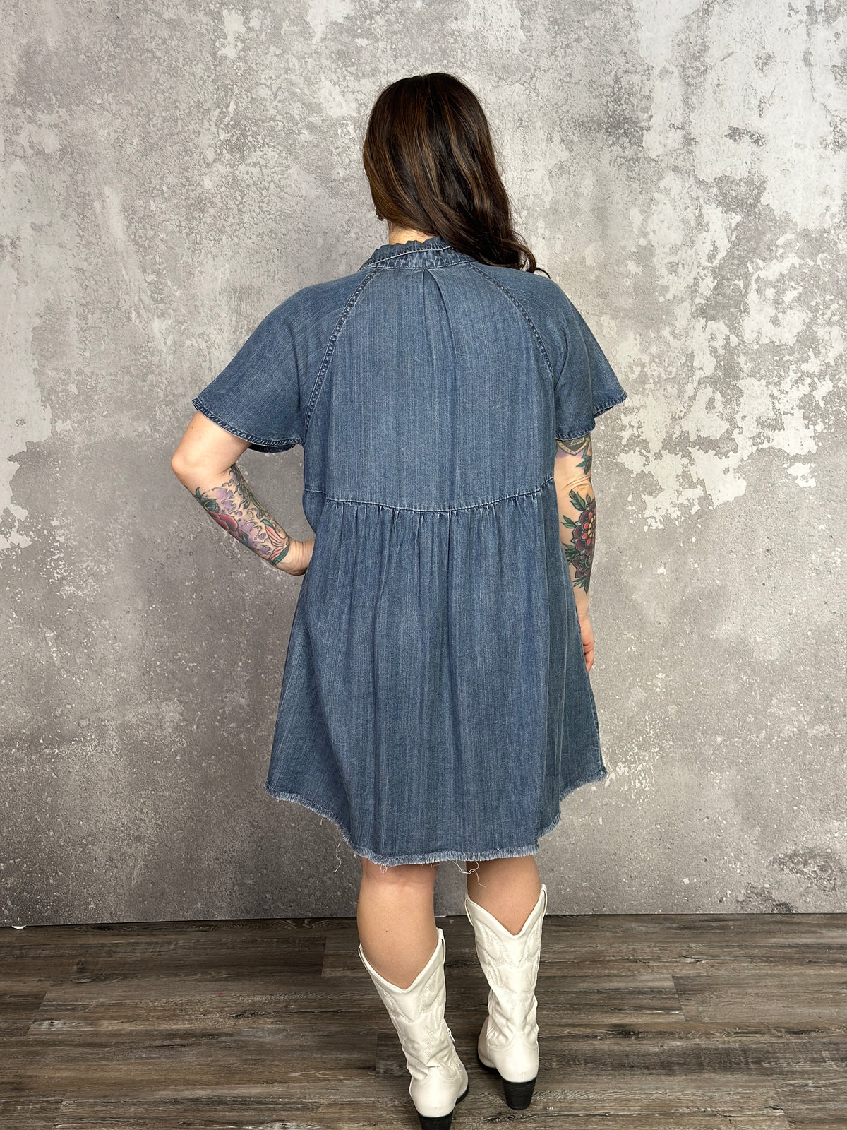 Short Sleeve Chambray Denim Dress with Pleats - FINAL SALE