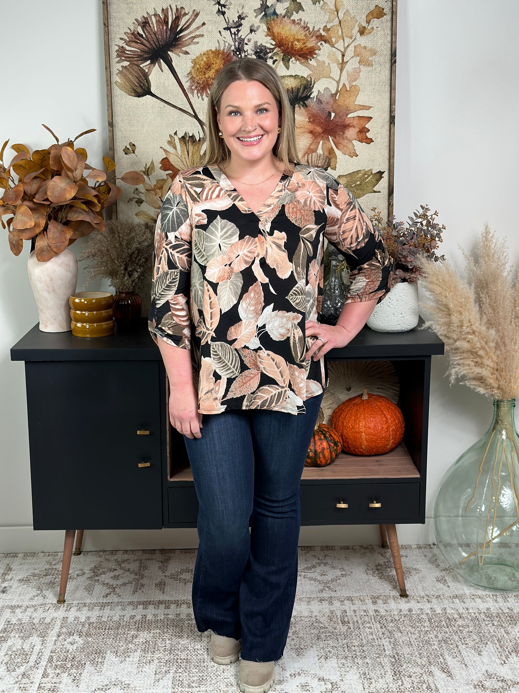 The Wrinkle Free Vneck Top - Black with Peach Floral (Small - 3X) - FINAL SALE
