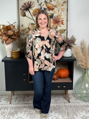 The Wrinkle Free Vneck Top - Black with Peach Floral (Small - 3X) - FINAL SALE