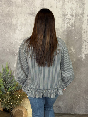 Navy Stripe Button Up Peplum Top