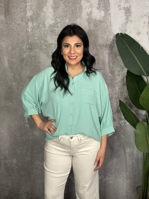 3/4 Sleeve Button Up Pocket AIrflow Top  - Sage - BESTSELLER
