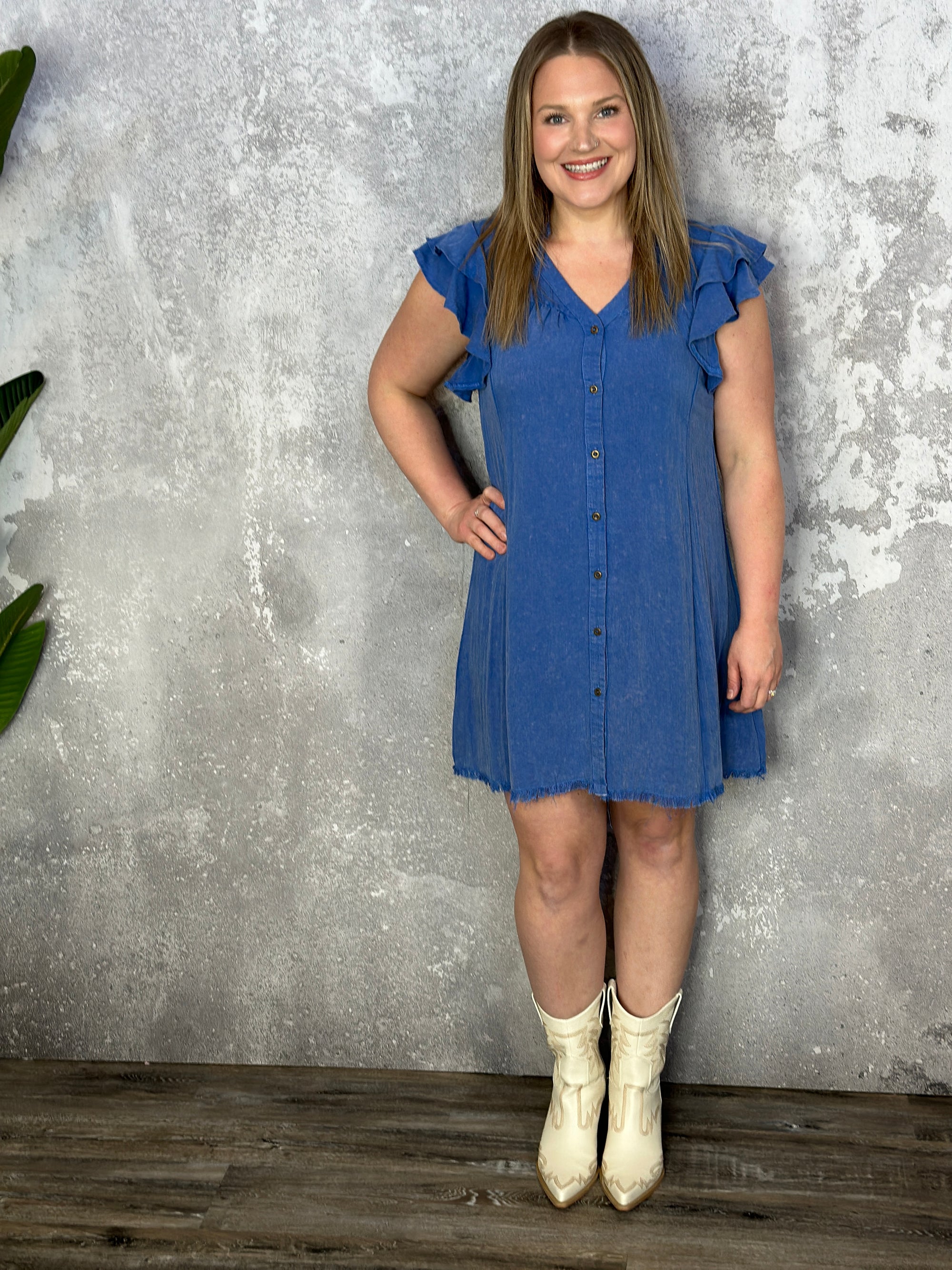 Chambray Ruffle Sleeve Dress with Front Buttons - Dark Denim
