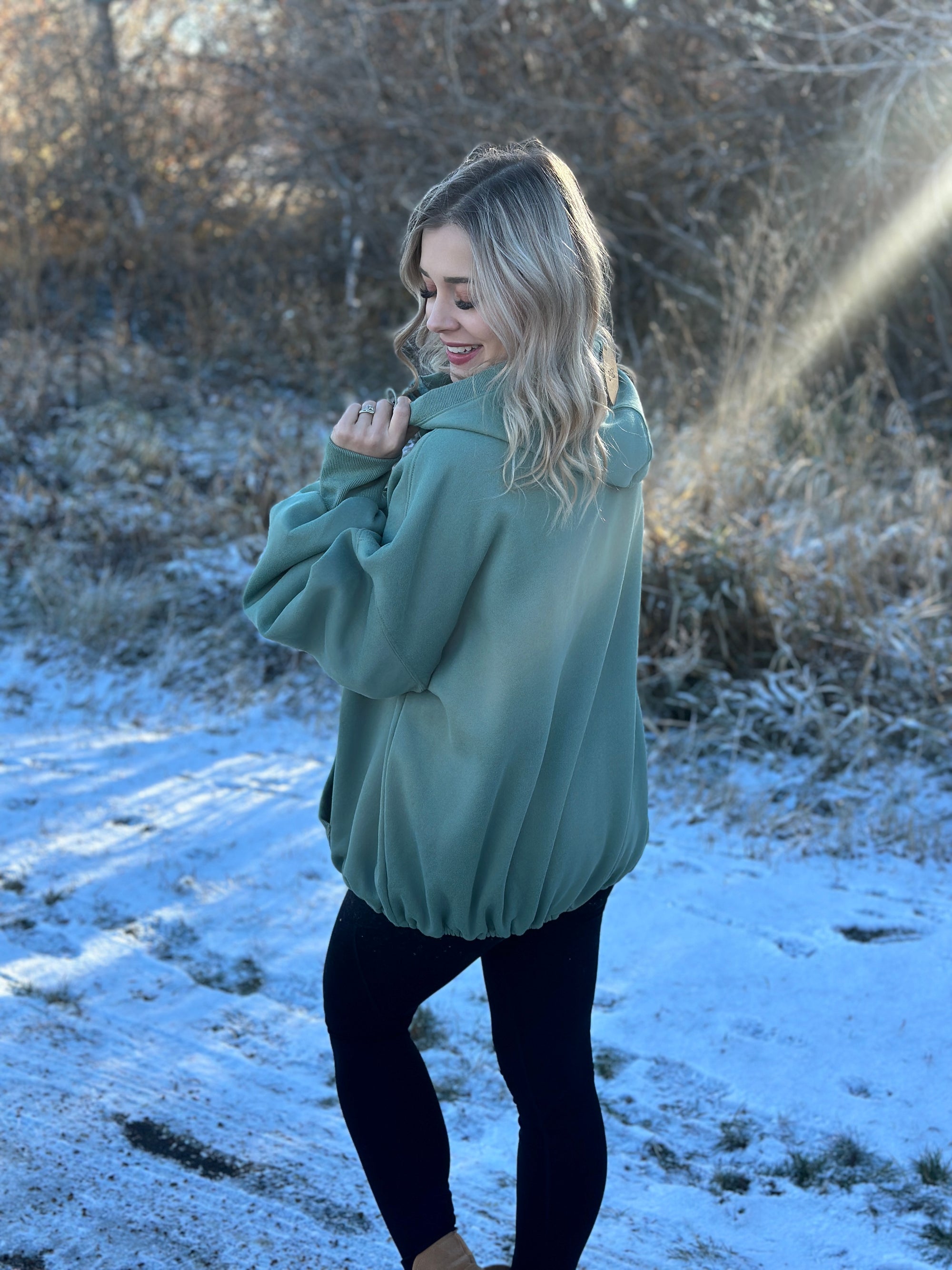 Fleece Lined Bomber Sweatshirt with Hood - Sage