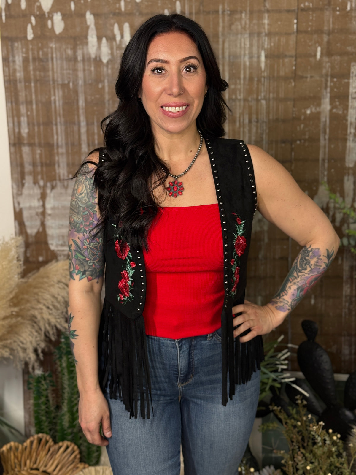 Embroidered Rose Fringe Vest