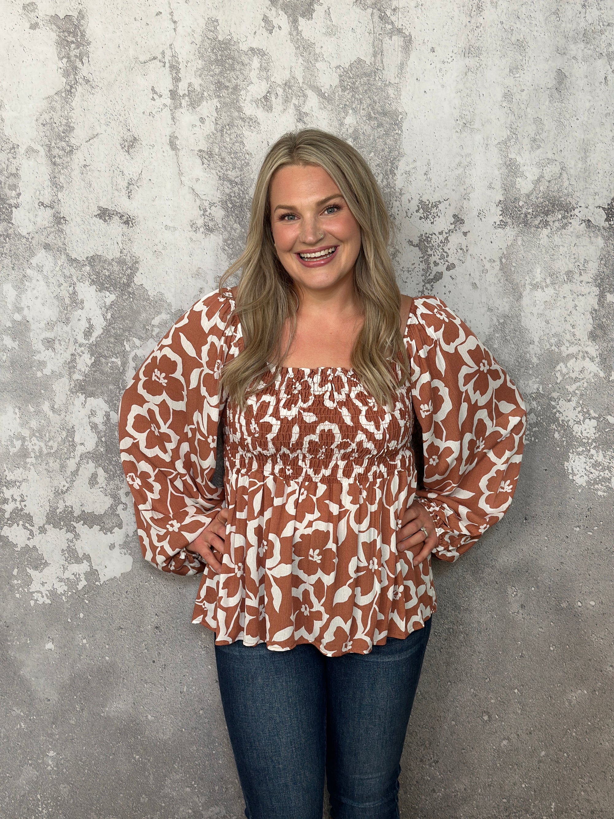 Rust Long Sleeve Smocked Floral Top